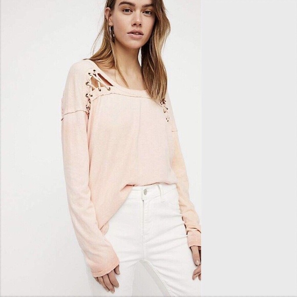 Free People Tops - Free People We The Free First Love Lace-up Peach Linen Blend Tee Medium
